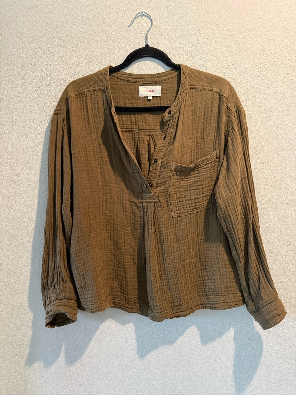 XiRENA Olive Gauze Henley Tunic Top